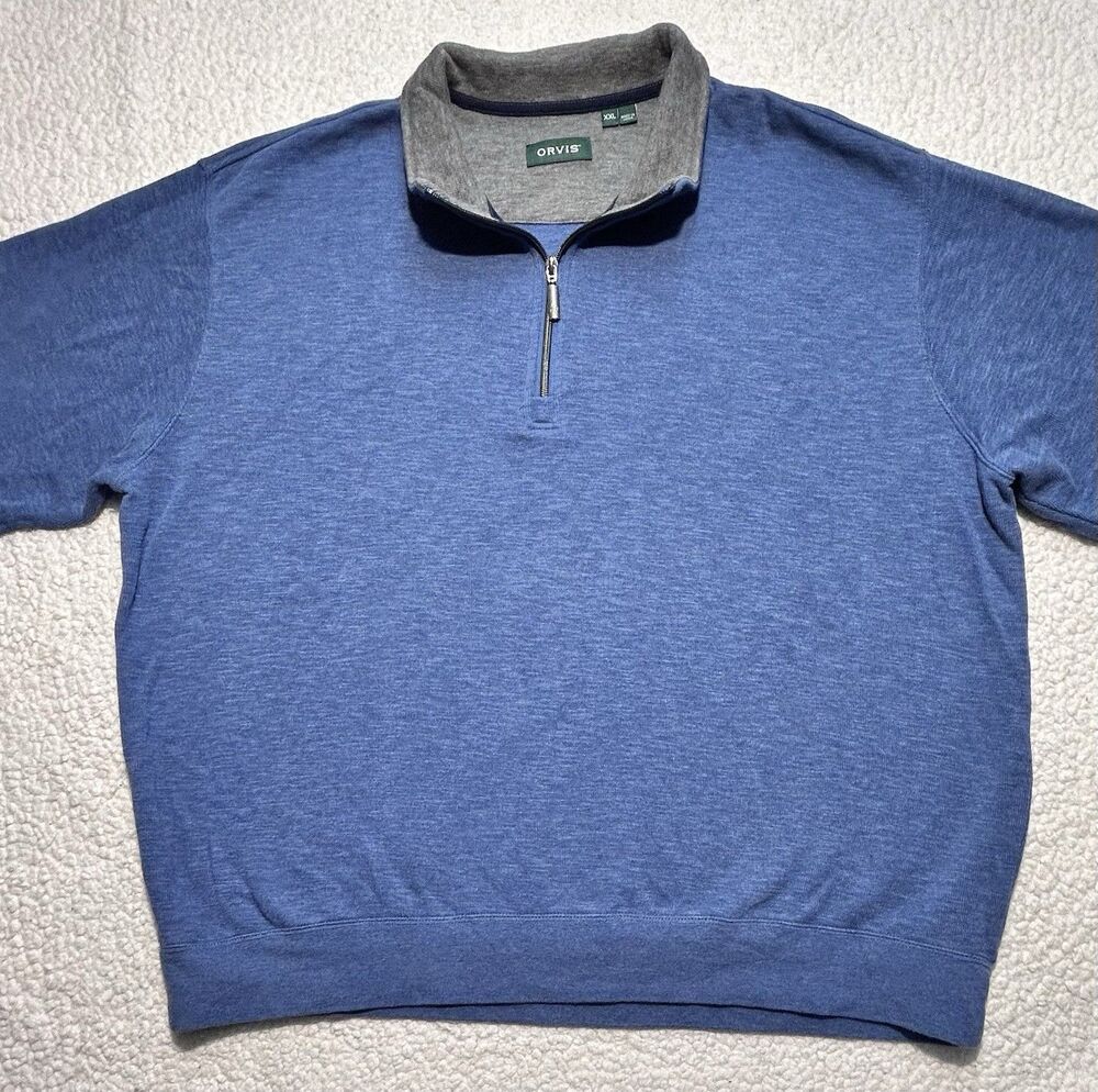 Orvis Mens XXL Quarter Zip Pullover Pima Cotton Tencel Navy Gray Sweater 3EHM